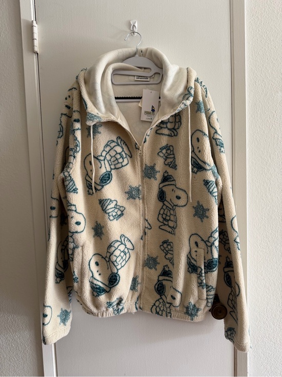 Peanuts Jackets & Blazers - Aeropostale Cream Fleece Zip Hoodie with Teal Snoopy Print
